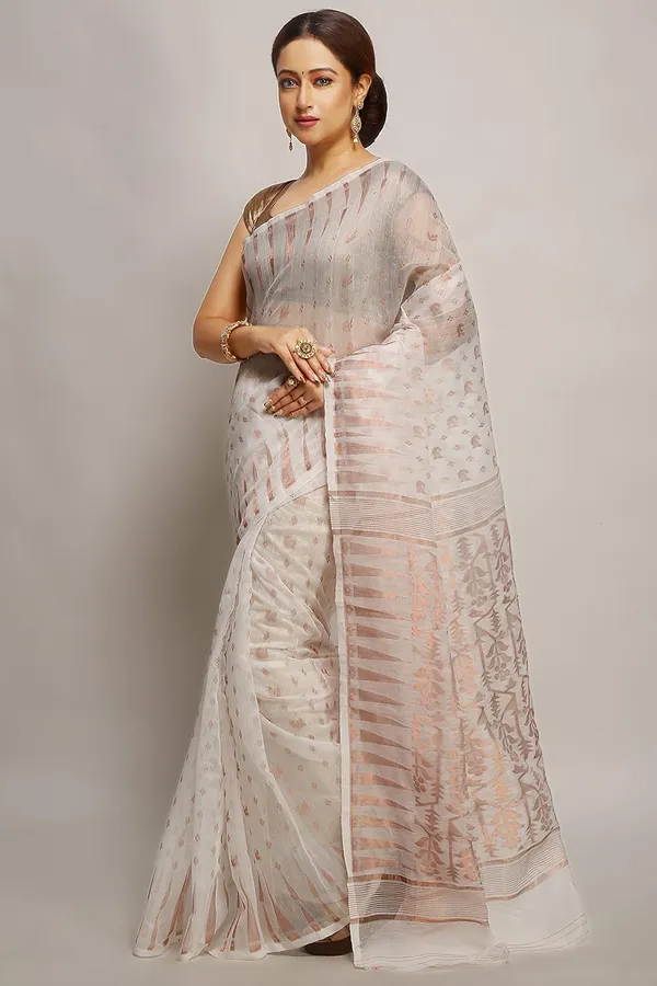 White_Dhakai_Jamdani_Saree_Without_Blouse_Piece_For_Women