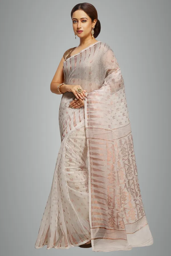 White_Dhakai_Jamdani_Saree_Without_Blouse_Piece_For_Women