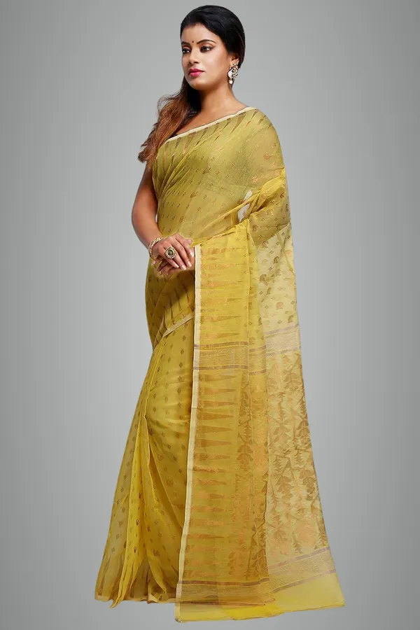 Yellow_Dhakai_Jamdani_Saree_Without_Blouse_Piece_For_Women