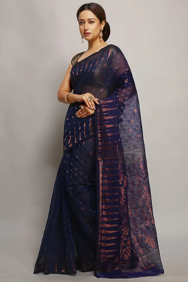 Royal_Blue_Dhakai_Jamdani_Saree_Without_Blouse_Piece_For_Women