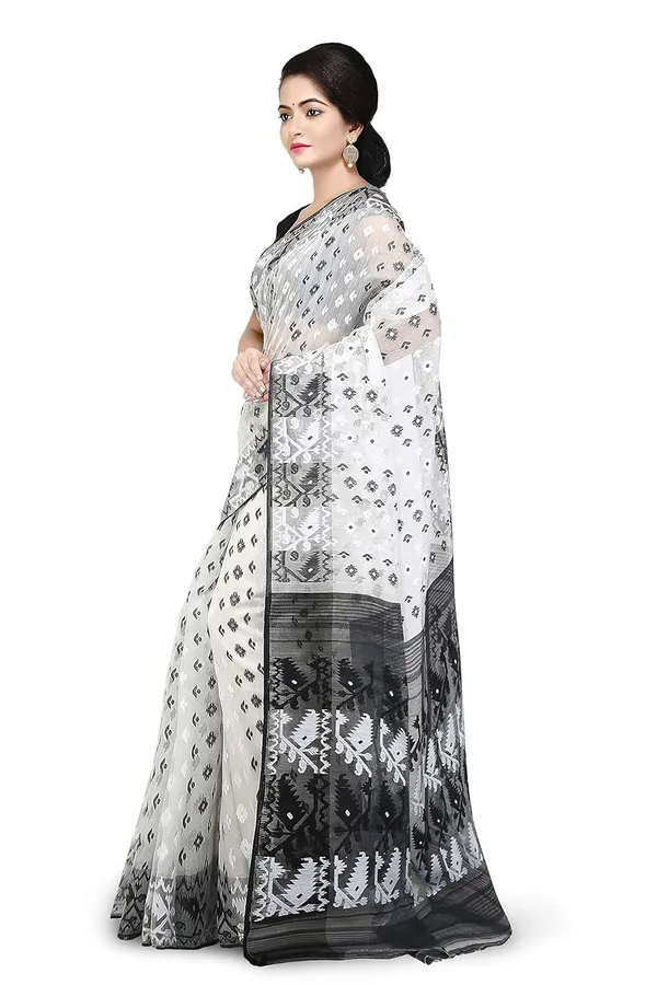 White_&_Black_Cotton_Silk_Saree_Without_Blouse_Piece_For_Women