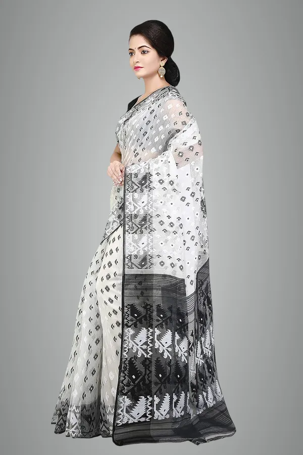 White_&_Black_Cotton_Silk_Saree_Without_Blouse_Piece_For_Women