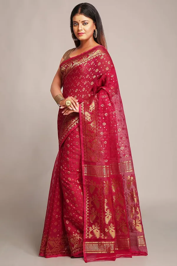 Pink_Cotton_Silk_Dhakai_Jamdani_Saree_Without_Blouse_Piece_For_Women