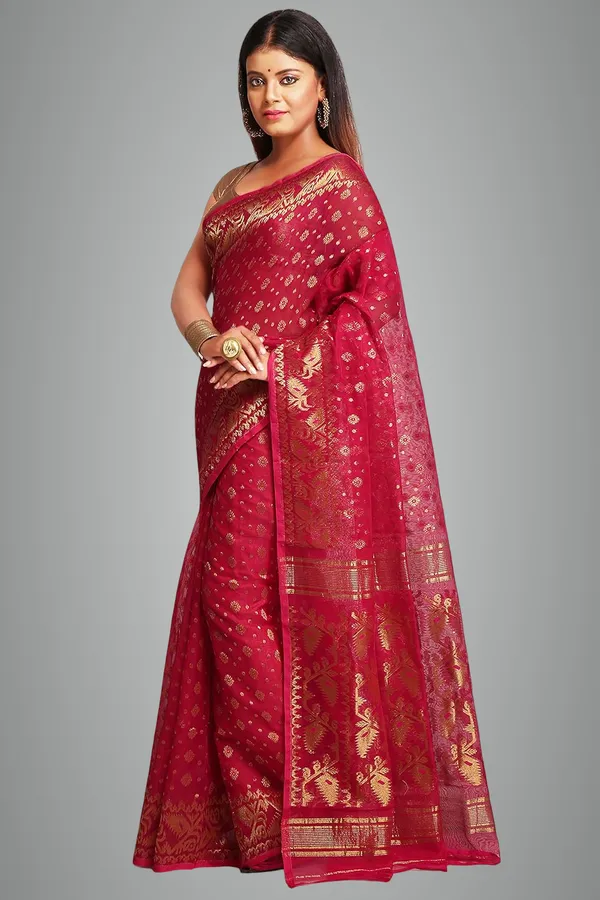 Pink_Cotton_Silk_Dhakai_Jamdani_Saree_Without_Blouse_Piece_For_Women