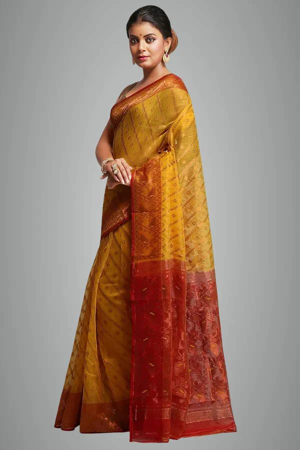 Yellow_&_Red_Cotton_Silk_Copper_Zari_Dhakai_Jamdani_Saree_Without_Blouse_Piece_For_Women