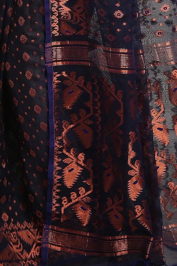 Royal_Blue_Cotton_Silk_Dhakai_Jamdani_Saree_Without_Blouse_Piece_For_Women