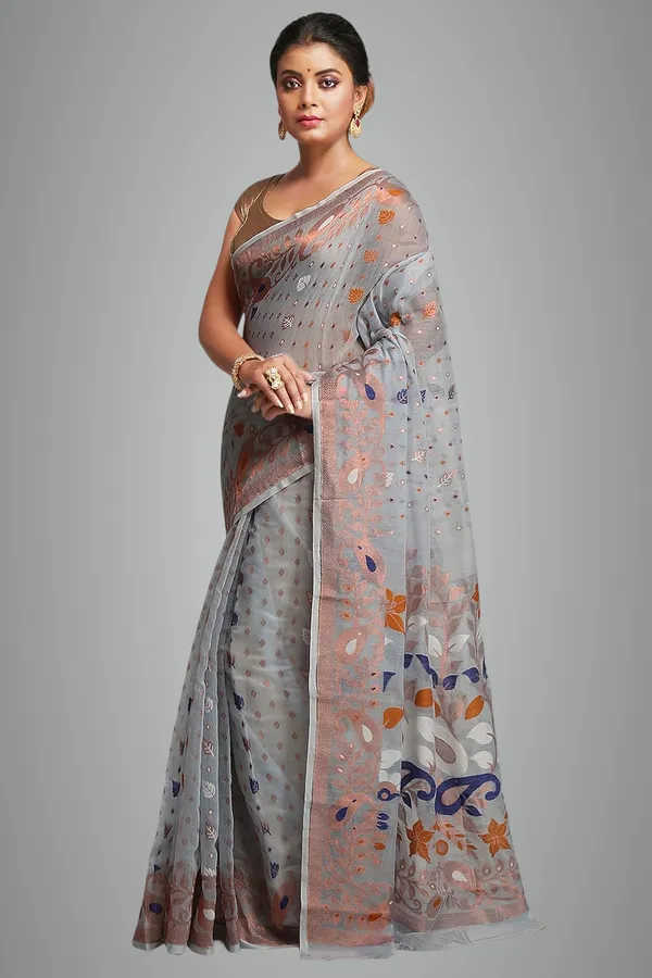 Light_Grey_Soft_Cotton_Silk_Dhakai_Jamdani_Saree_Without_Blouse_Piece_For_Women
