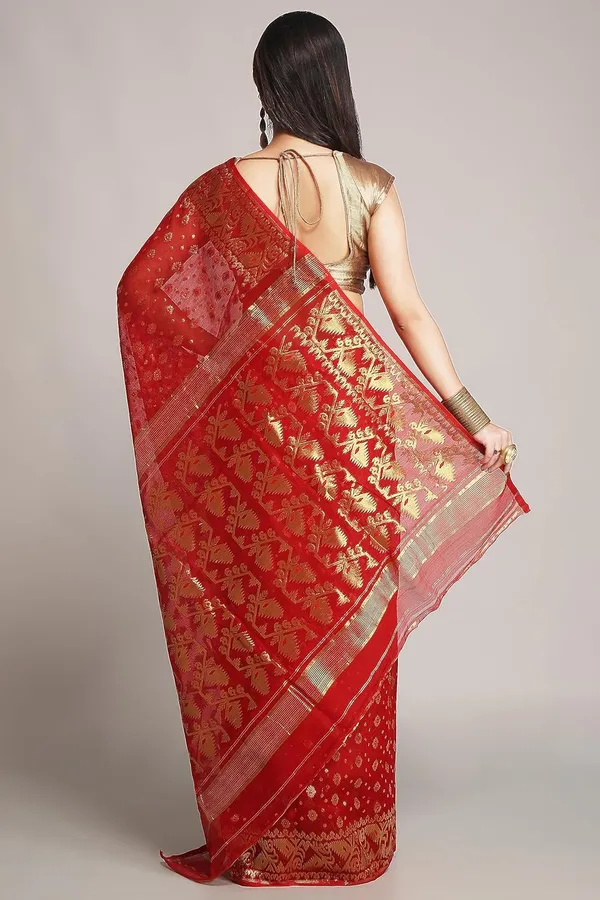 Red_Cotton_Silk_Dhakai_Jamdani_Saree_Without_Blouse_Piece_For_Women