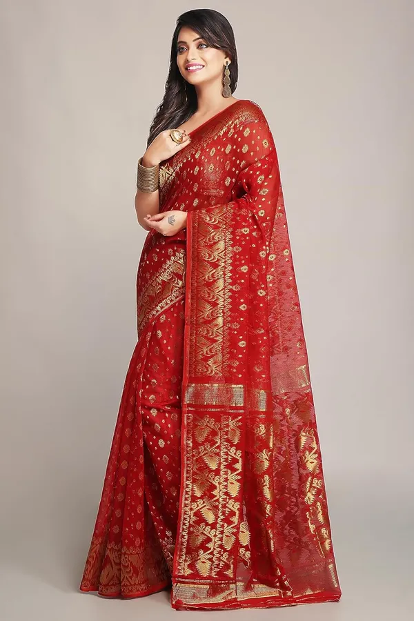 Red_Cotton_Silk_Dhakai_Jamdani_Saree_Without_Blouse_Piece_For_Women