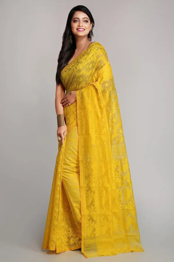 Yellow_Self_Design_Dhakai_Jamdani_Saree_Without_Blouse_Piece_For_Women