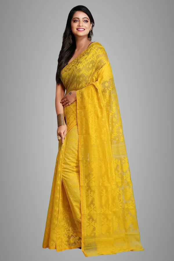 Yellow_Self_Design_Dhakai_Jamdani_Saree_Without_Blouse_Piece_For_Women