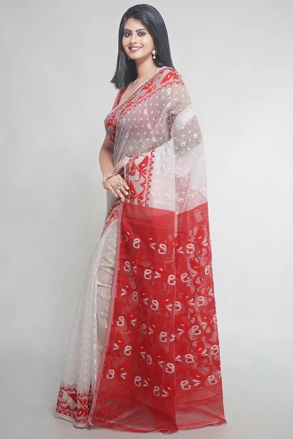 White_&_Red_Bengal_Ade_Soft_Dhakai_Jamdani_Saree_Without_Blouse_Piece_For_Women