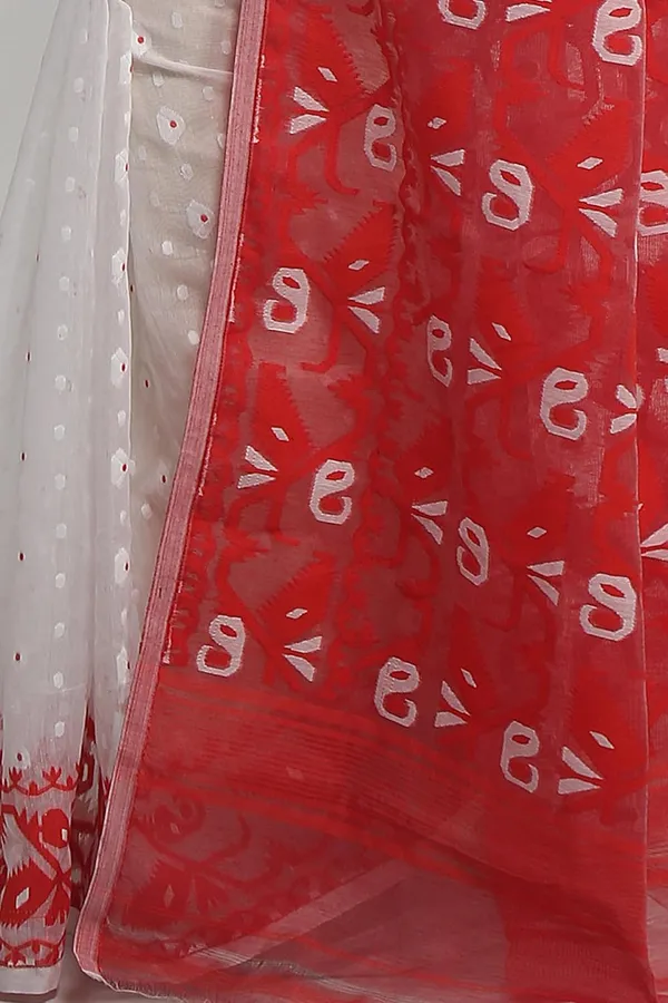 White_&_Red_Bengal_Ade_Soft_Dhakai_Jamdani_Saree_Without_Blouse_Piece_For_Women