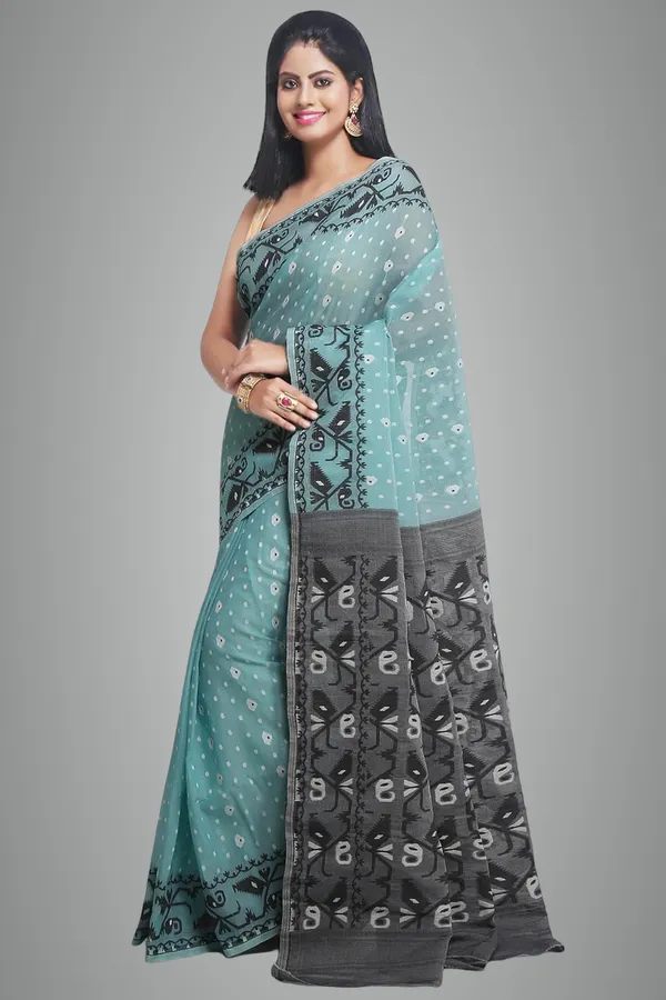 Aqua_Blue_&_Black_Bengal_Ade_Soft_Dhakai_Jamdani_Saree_Without_Blouse_Piece_For_Women