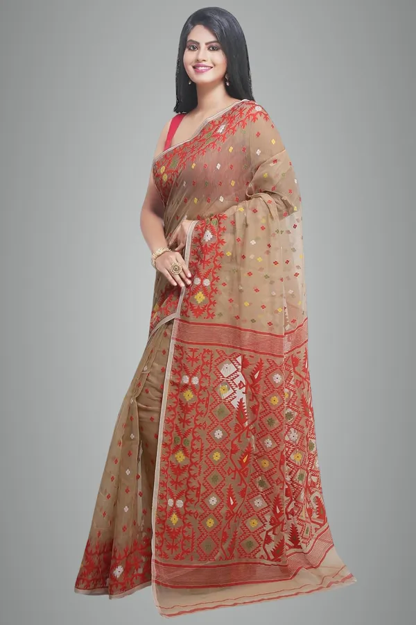 Beige_&_Red_Bengal_Made_Cotton_Dhakai_Jamdani_Saree_Without_Blouse_Piece_For_Women