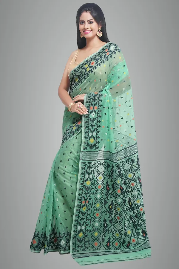 Green_&_Black_Bengal_Made_Cotton_Dhakai_Jamdani_Saree_Without_Blouse_Piece_For_Women