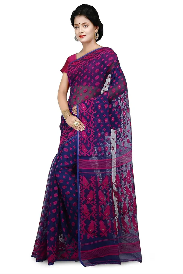 Blue_Cotton_Silk_Saree_Without_Blouse_Piece_For_Women