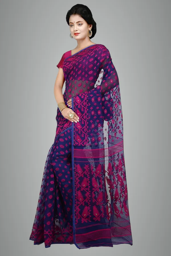 Blue_Cotton_Silk_Saree_Without_Blouse_Piece_For_Women