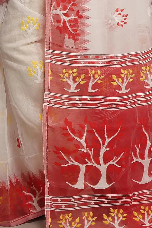 White_&_Red_Cotton_Silk_Dhakai_Jamdani_Saree_Without_Blouse_Piece_For_Women