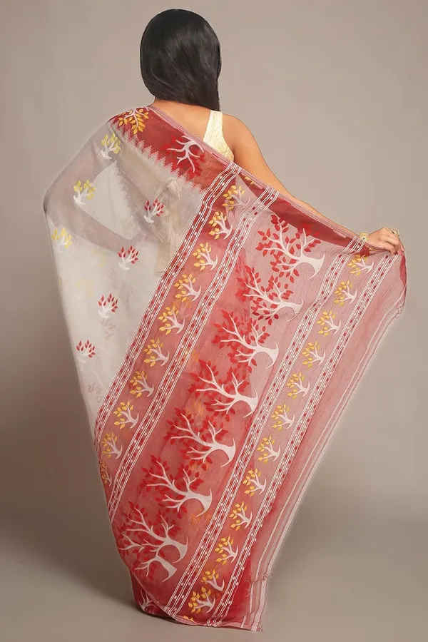 White_&_Red_Cotton_Silk_Dhakai_Jamdani_Saree_Without_Blouse_Piece_For_Women