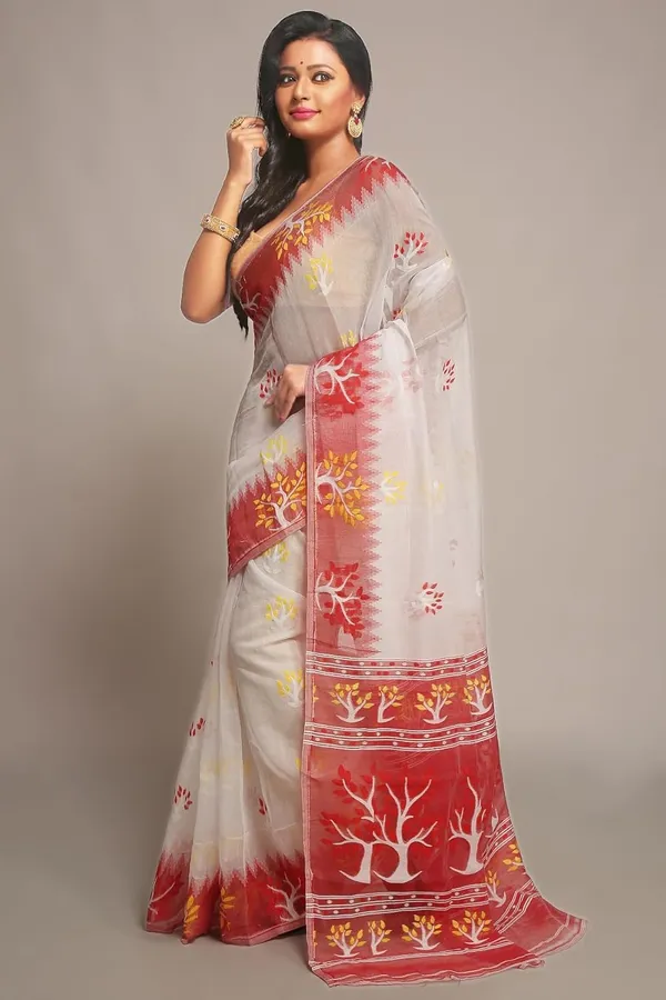 White_&_Red_Cotton_Silk_Dhakai_Jamdani_Saree_Without_Blouse_Piece_For_Women
