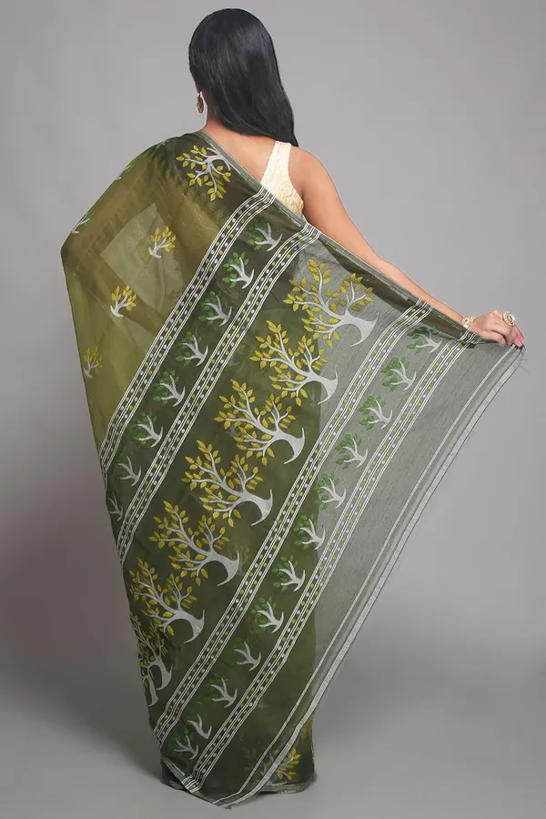 Olive_Green_Cotton_Silk_Dhakai_Jamdani_Saree_Without_Blouse_Piece_For_Women