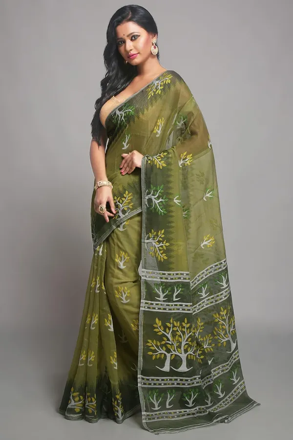 Olive_Green_Cotton_Silk_Dhakai_Jamdani_Saree_Without_Blouse_Piece_For_Women