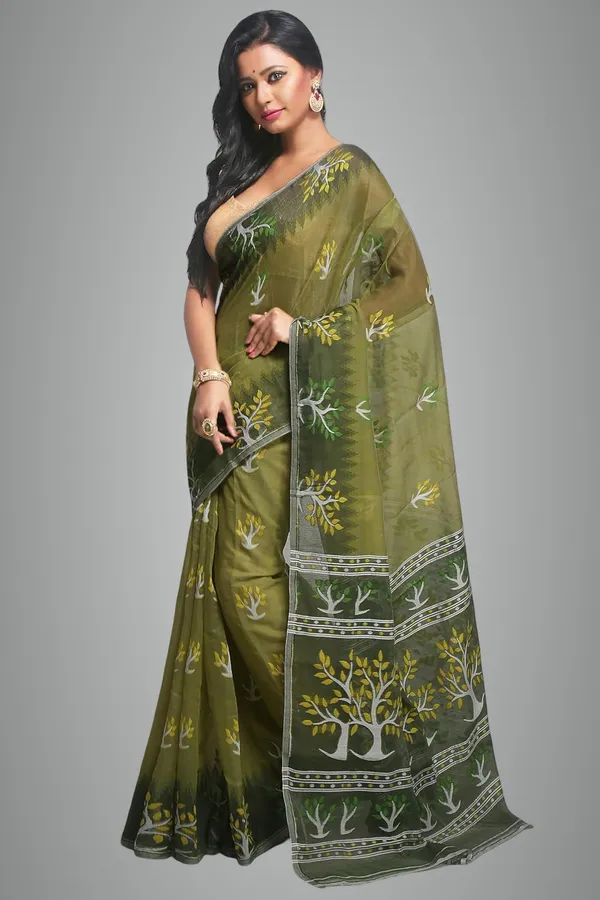 Olive_Green_Cotton_Silk_Dhakai_Jamdani_Saree_Without_Blouse_Piece_For_Women