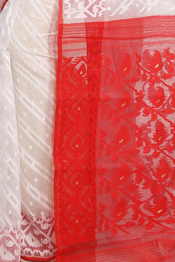 White_&_Red_Soft_Resham_Silk_Dhakai_Jamdani_Saree_Thread_Work_For_Women