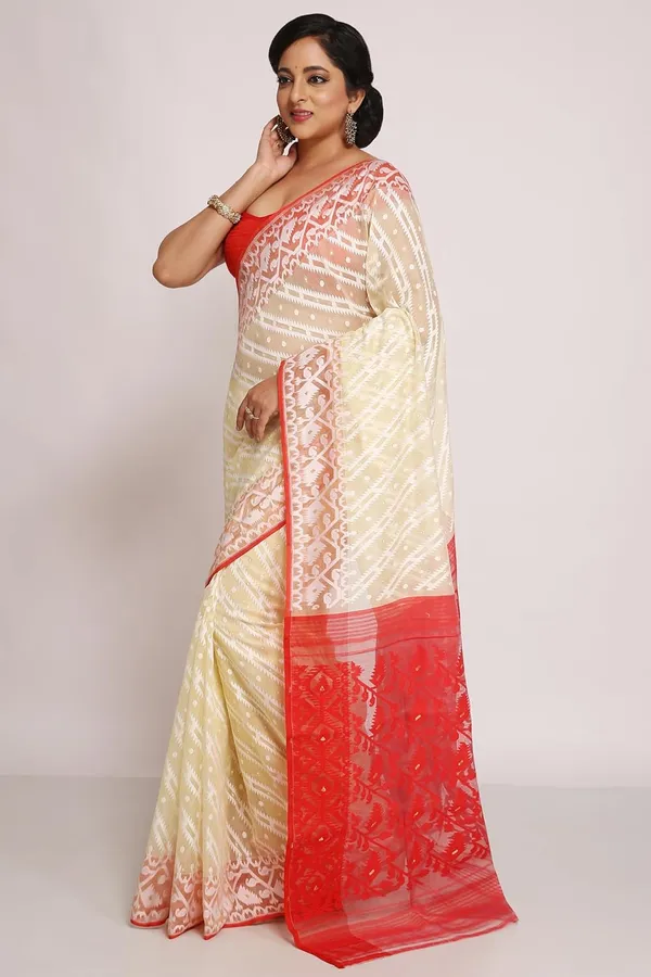 Beige_&_Red_Soft_Resham_Silk_Dhakai_Jamdani_Saree_Thread_Work_For_Women