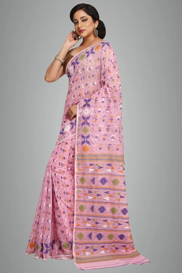 Pink_Bengal_Made_Cotton_Silk_Dhakai_Jamdani_Saree_With_Blouse_Piece_For_Women