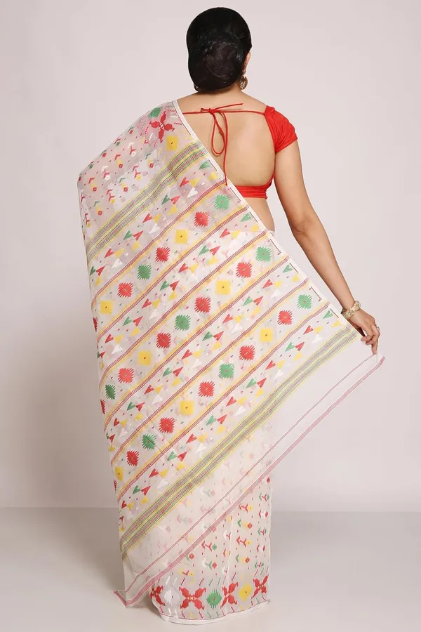 White_Bengal_Made_Cotton_Silk_Dhakai_Jamdani_Saree_With_Blouse_Piece_For_Women