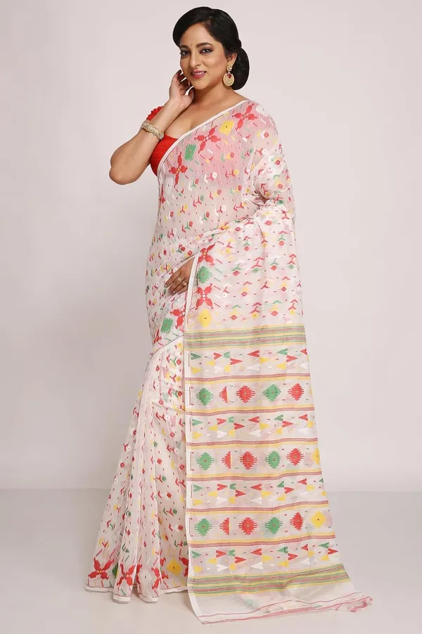White_Bengal_Made_Cotton_Silk_Dhakai_Jamdani_Saree_With_Blouse_Piece_For_Women