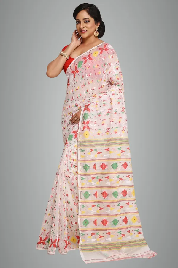 White_Bengal_Made_Cotton_Silk_Dhakai_Jamdani_Saree_With_Blouse_Piece_For_Women
