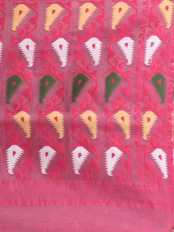 Dark_Green_&_Pink_Cotton_Silk_Bengal_Made_Soft_Dhakai_Jamdani_Saree_With_Blouse_Piece_For_Women