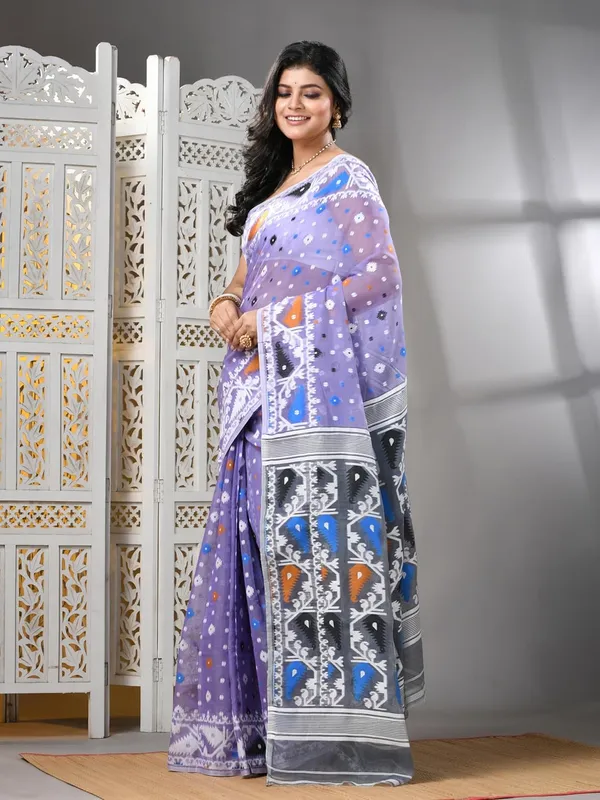 Lavender_&_Grey_Cotton_Silk_Bengal_Made_Soft_Dhakai_Jamdani_Saree_With_Blouse_Piece_For_Women