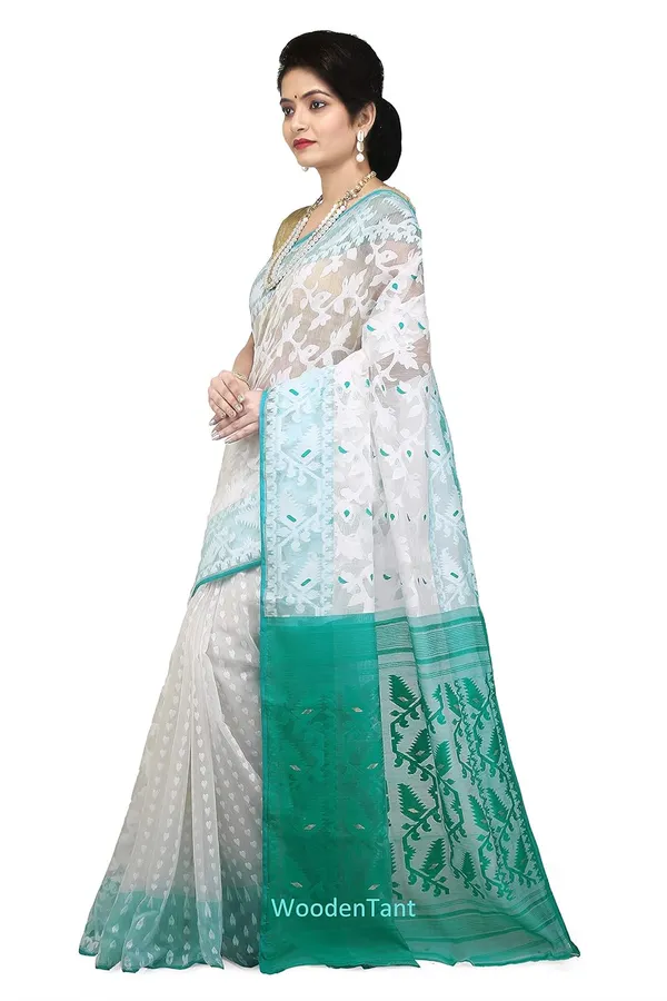 White_&_Green_Cotton_Saree_Without_Blouse_Piece_For_Women