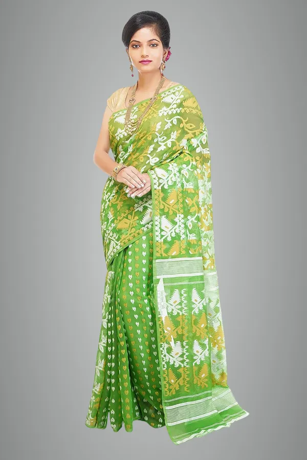 Green_Multicolor_Dhakai_Jamdani_Cotton_Saree_Without_Blouse_Piece_For_Women