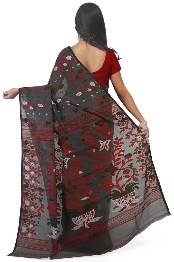Black_Soft_Woven_Dhakai_Jamdani_Saree_Flower_Design_Without_Blouse_Piece_For_Women