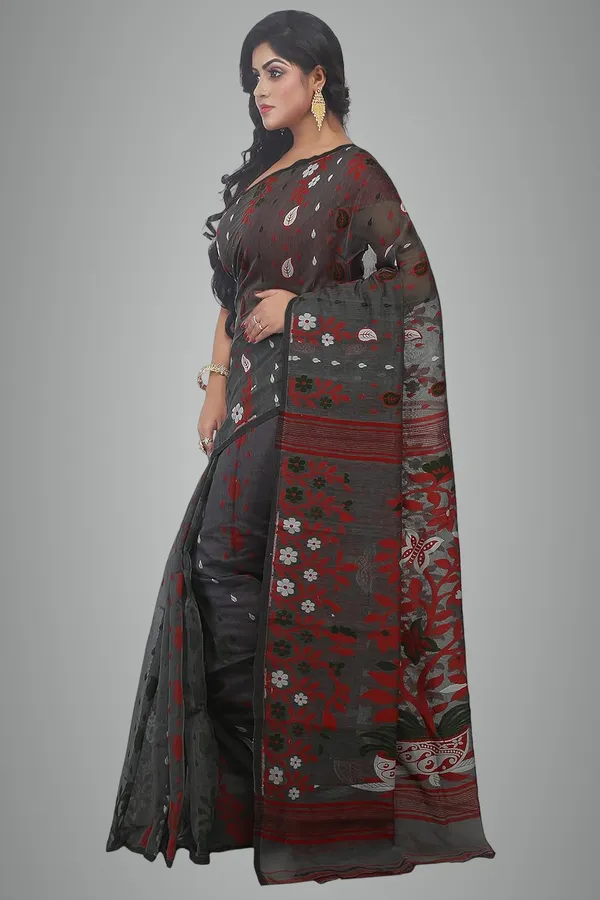 Black_Soft_Woven_Dhakai_Jamdani_Saree_Flower_Design_Without_Blouse_Piece_For_Women