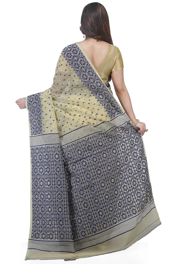 Beige_&_Blue_Soft_Woven_Dhakai_Jamdani_Saree_Without_Blouse_Piece_For_Women