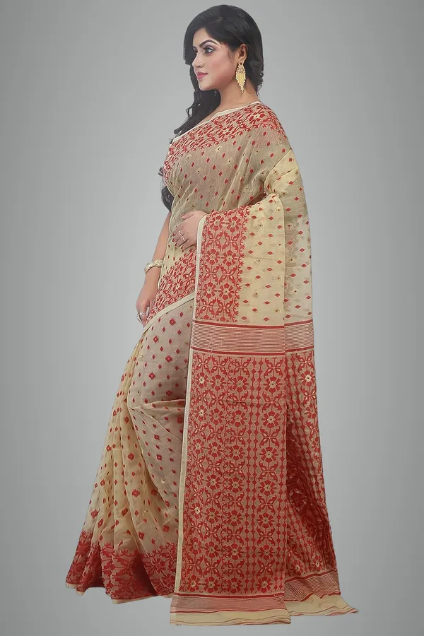 Beige_&_Red_Soft_Woven_Dhakai_Jamdani_Saree_Without_Blouse_Piece_For_Women