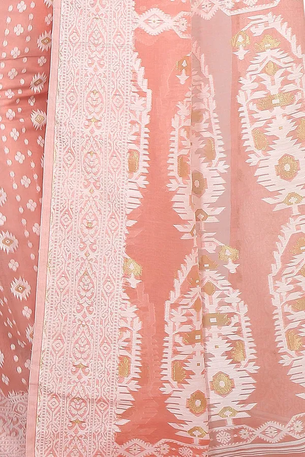 Peach_Soft_Woven_Dhakai_Jamdani_Saree_Zari_Work_Without_Blouse_Piece_For_Women