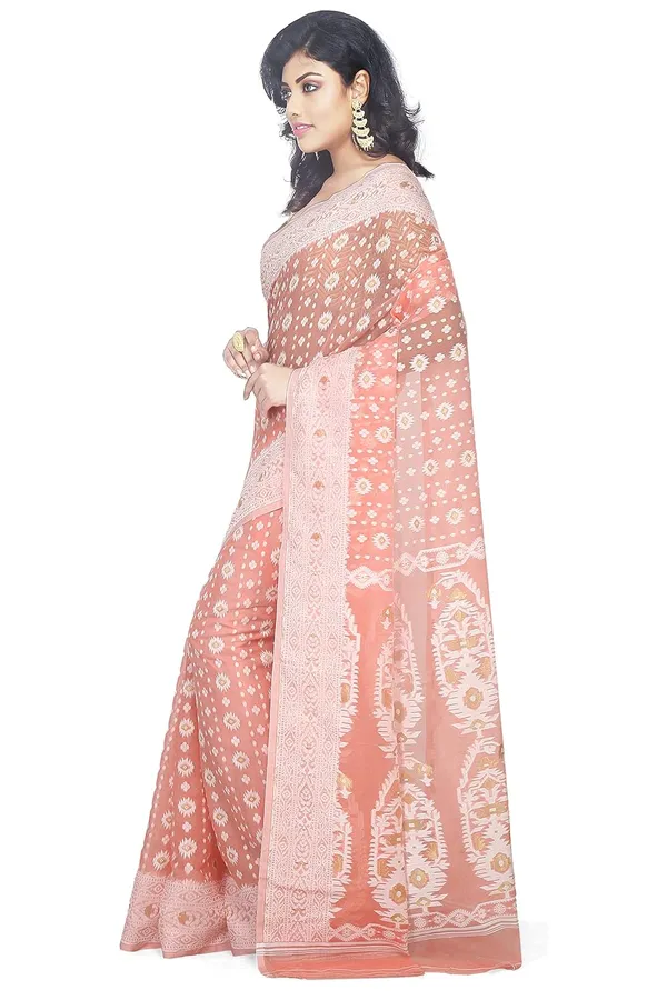 Peach_Soft_Woven_Dhakai_Jamdani_Saree_Zari_Work_Without_Blouse_Piece_For_Women