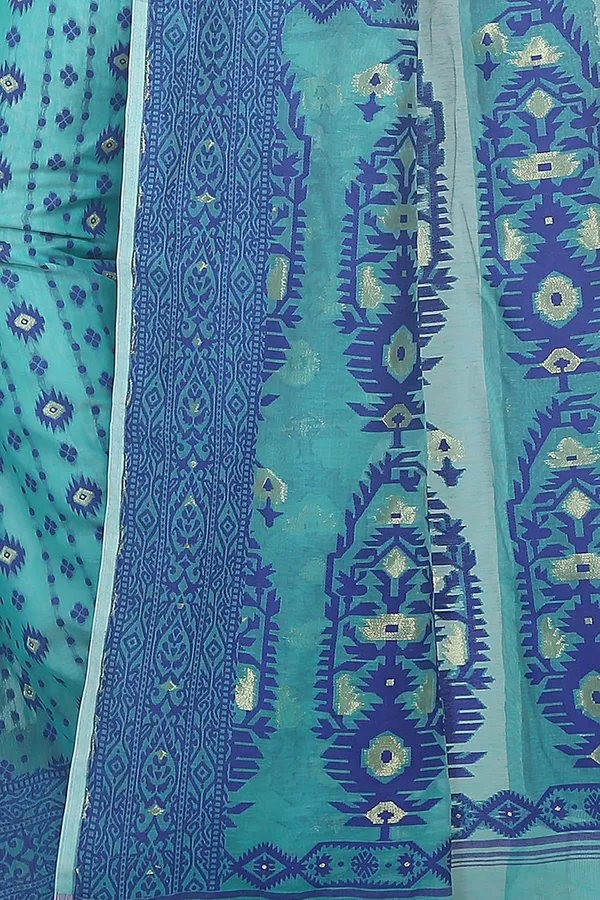 Blue_Soft_Dhakai_Jamdani_Saree_With_Designer_Zari_Work_Without_Blouse_Piece_For_Women
