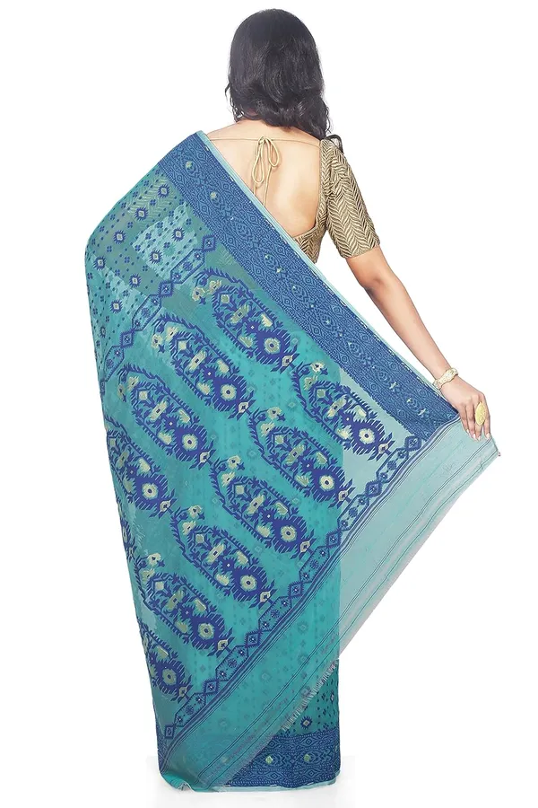 Blue_Soft_Dhakai_Jamdani_Saree_With_Designer_Zari_Work_Without_Blouse_Piece_For_Women