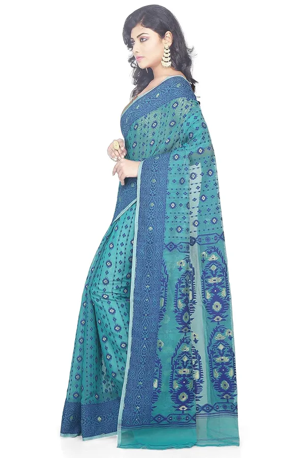 Blue_Soft_Dhakai_Jamdani_Saree_With_Designer_Zari_Work_Without_Blouse_Piece_For_Women