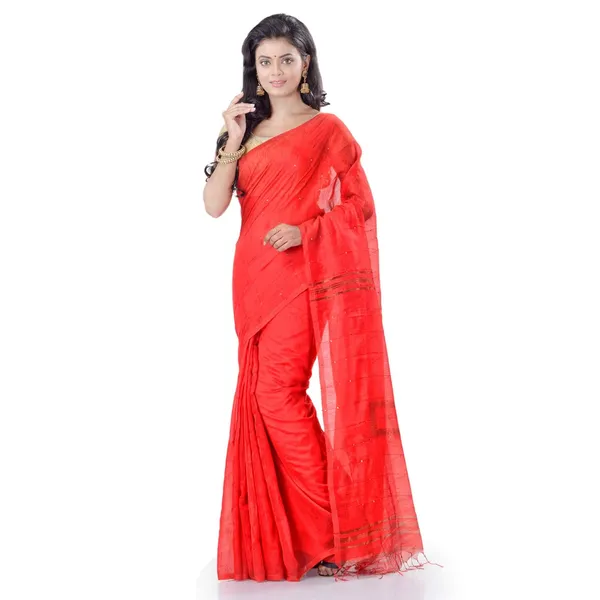 Red_Handloom_Cotton_Silk_Saree_With_Blouse_Piece_For_Women