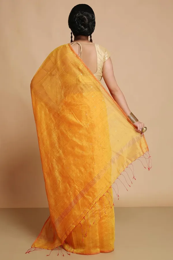 Yellow_Cotton_Silk_Woven_Sequins_Saree_With_Blouse_Piece_For_Women