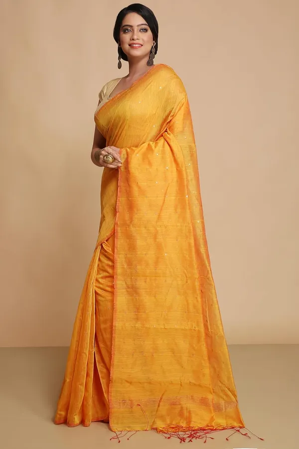 Yellow_Cotton_Silk_Woven_Sequins_Saree_With_Blouse_Piece_For_Women